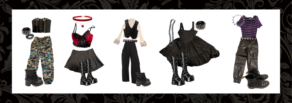 Creating a goth style board was one of my favorite challenges, since it's so different from my regular aesthetic. With this style board, it was important to honor my client's love for black while also adding occasional accent colors and heavy accessorizing to make the outfits pop. 
